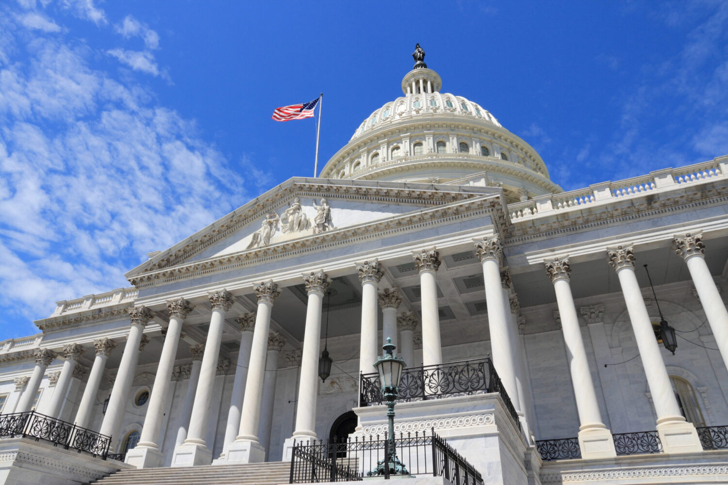 A close up of the US Capitol East Front in the sunshine