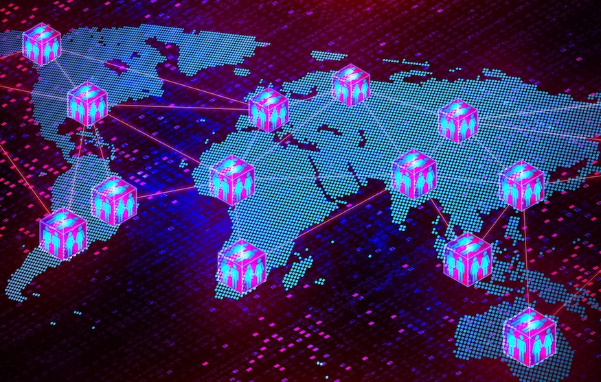 Abstract graphical representation of a flat world map with brightly colored boxes (indicating organizations) connected by lines across the world