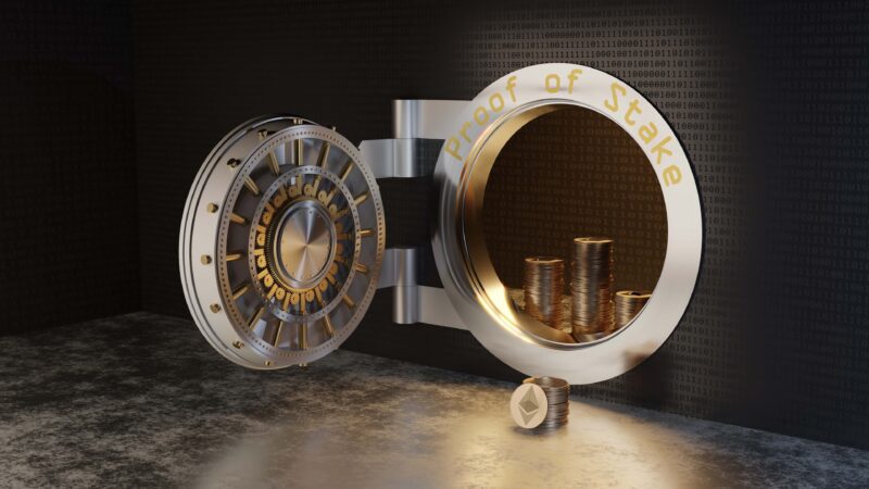 A vault with the words "Proof of Stake" written over its entrance and Ether tokens stacked outside and inside.