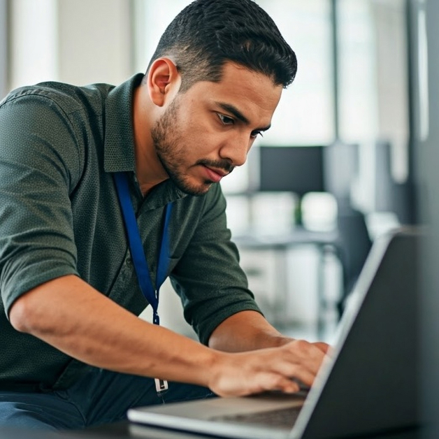 Law enforcement officer working on his computer